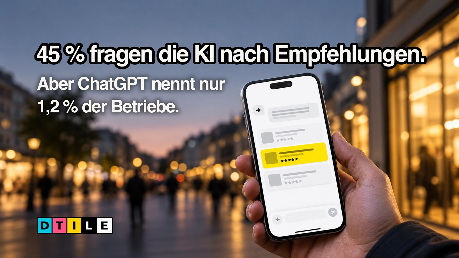 45 % fragen die KI nach lokalen Empfehlungen, aber ChatGPT nennt nur 1,2 % der Betriebe: Die neue Empfehlungs-Lücke in Zahlen